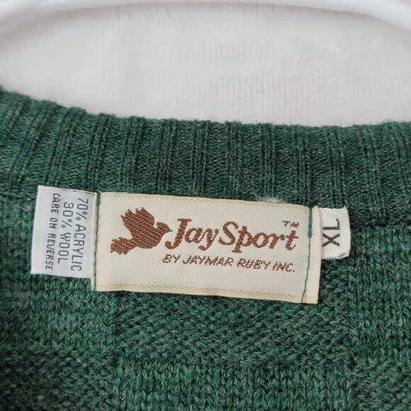 VTG Jay Sport Mens V-Neck Golf Sweater Basket Weave Size XL Green Embroidered - Picture 3 of 13